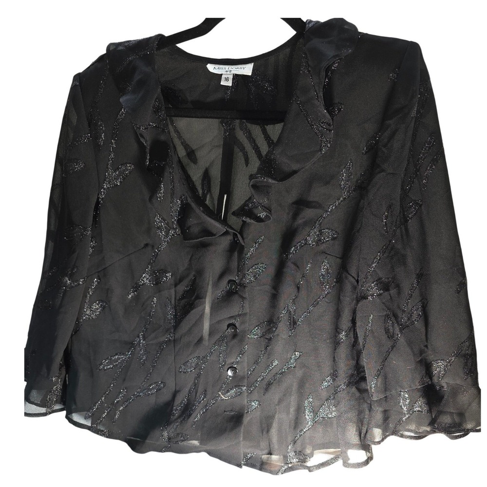 Miss Dorby Boho Blouse Womens 16 Black Glitter Leaf Ruffle V-Neck Sheer Top